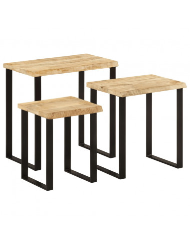 Tavolini a Incastro 3 pz Bordi Vivi in Legno Massello di Mango