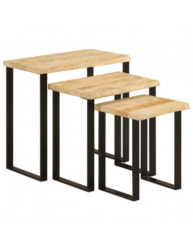 Tavolini a Incastro 3 pz Bordi Vivi in Legno Massello di Mango