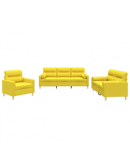 Set di Divani 3 pz con Cuscini Giallo Chiaro in Tessuto