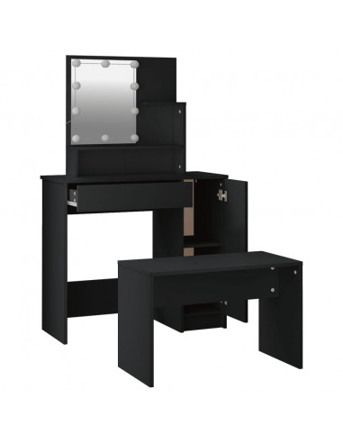 Set Tavolo da Toeletta con LED Nero in Legno Multistrato