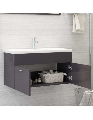 Mobile Lavabo Grigio Lucido 90x38,5x46 cm in Legno Multistrato