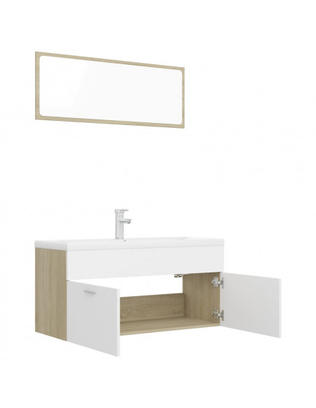 Set Mobili da Bagno Bianco e Rovere Sonoma in Truciolato