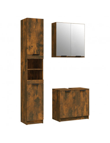 Set Mobili da Bagno 3 pz Rovere Fumo in Legno Multistrato