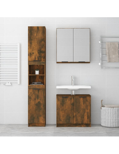 Set Mobili da Bagno 3 pz Rovere Fumo in Legno Multistrato