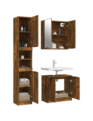 Set Mobili da Bagno 3 pz Rovere Fumo in Legno Multistrato