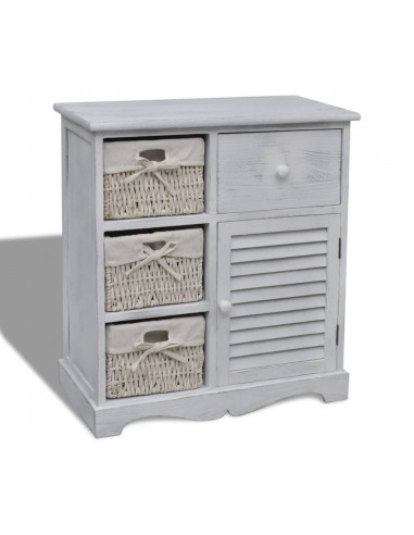Armadietto in Legno con 3 Cestini Intrecciati Bianco