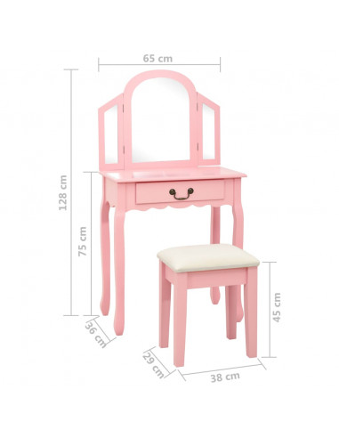 Tavolo da Trucco con Sgabello Rosa 65x36x128 cm Paulownia e MDF