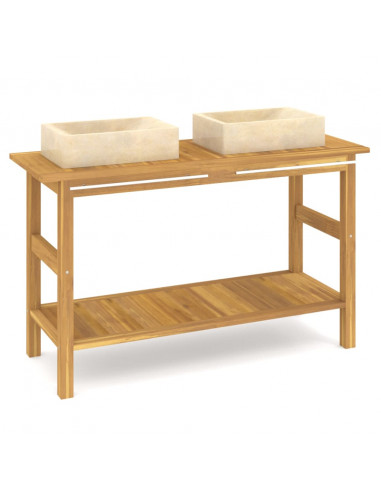 Mobile Vanità Bagno e Lavandini Marmo Crema Legno Massello Teak
