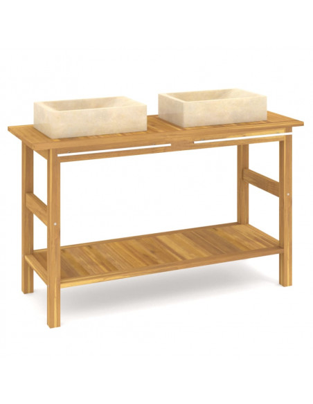 Mobile Vanità Bagno e Lavandini Marmo Crema Legno Massello Teak
