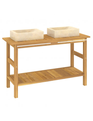 Mobile Vanità Bagno e Lavandini Marmo Crema Legno Massello Teak