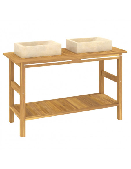 Mobile Vanità Bagno e Lavandini Marmo Crema Legno Massello Teak