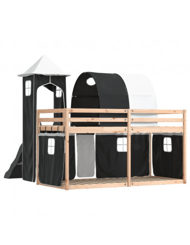 Letto a Castello con Scivolo e Tende Bianco e Nero 80x200 cm