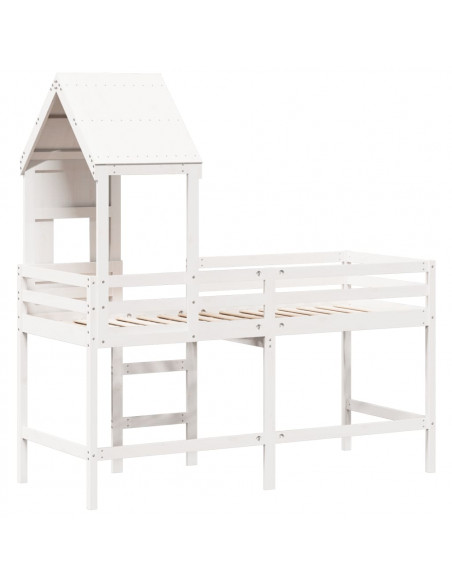 Letto Soppalco con Scala e Tetto Bianco 80x200 cm Massello Pino