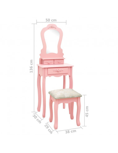 Tavolo da Trucco con Sgabello Rosa 50x59x136 cm Legno Paulownia