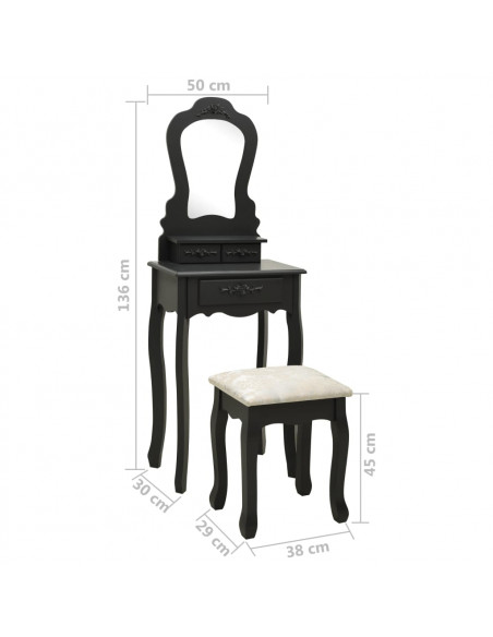 Tavolo da Trucco con Sgabello Nero 50x59x136 cm Legno Paulownia