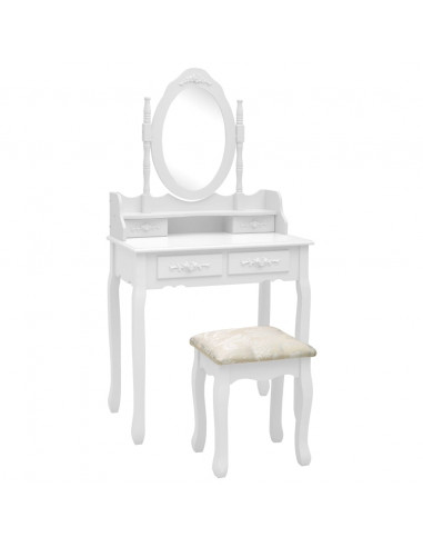 Tavolo da Trucco e Sgabello Bianco 75x69x140 cm Legno Paulownia