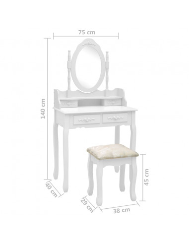 Tavolo da Trucco e Sgabello Bianco 75x69x140 cm Legno Paulownia