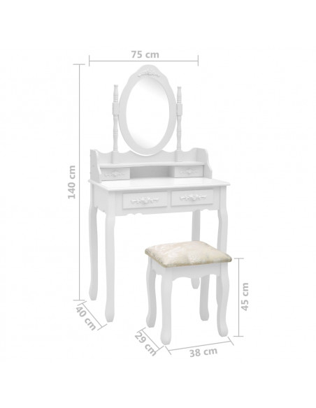 Tavolo da Trucco e Sgabello Bianco 75x69x140 cm Legno Paulownia
