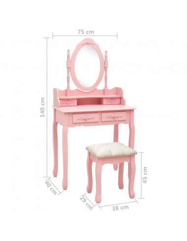 Tavolo da Trucco con Sgabello Rosa 75x69x140 cm Legno Paulownia