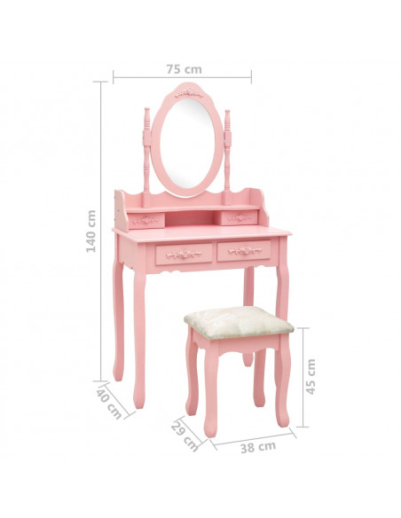 Tavolo da Trucco con Sgabello Rosa 75x69x140 cm Legno Paulownia