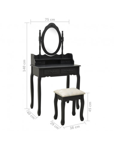 Tavolo da Trucco con Sgabello Nero 75x69x140 cm Legno Paulownia