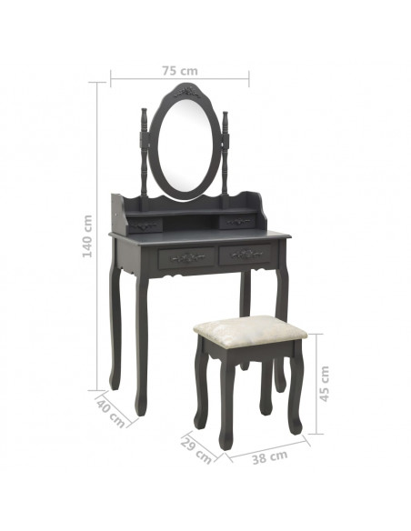 Tavolo da Trucco e Sgabello Grigio 75x69x140 cm Legno Paulownia