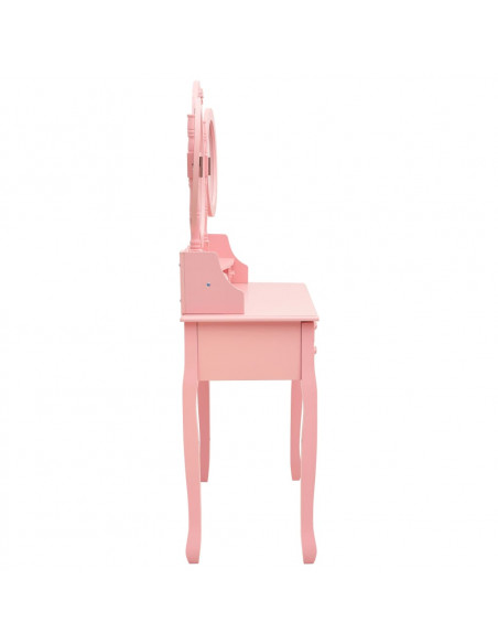 Tavolo da Trucco con Sgabello e Specchio Pieghevole in 3 Rosa