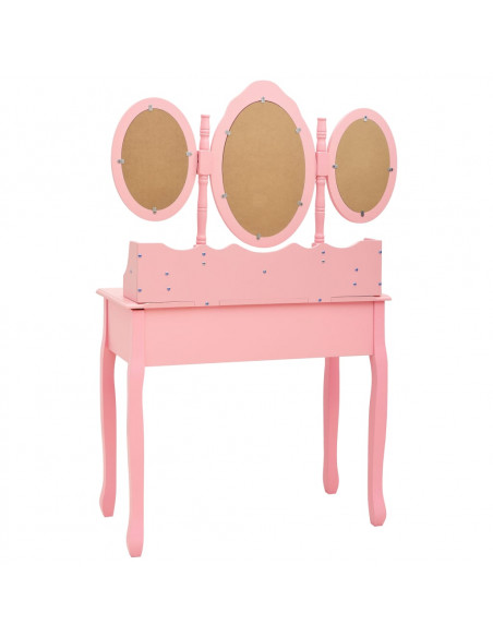 Tavolo da Trucco con Sgabello e Specchio Pieghevole in 3 Rosa