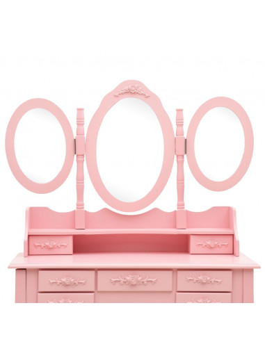 Tavolo da Trucco con Sgabello e Specchio Pieghevole in 3 Rosa