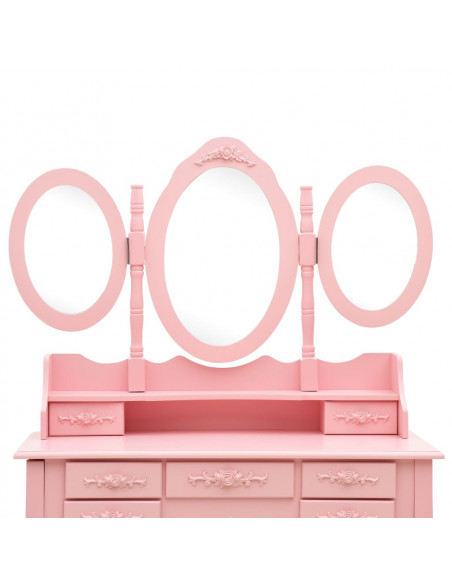 Tavolo da Trucco con Sgabello e Specchio Pieghevole in 3 Rosa