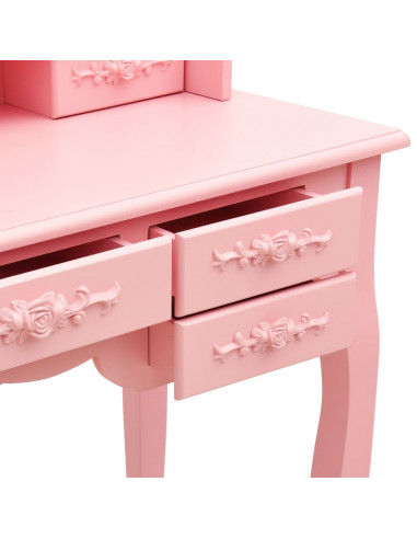 Tavolo da Trucco con Sgabello e Specchio Pieghevole in 3 Rosa