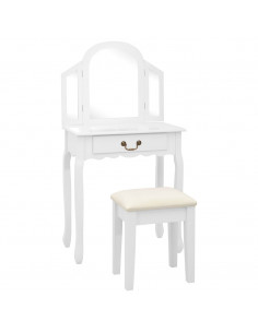 Tavolo da Trucco e Sgabello Bianco 65x36x128 cm Paulownia e MDF 2