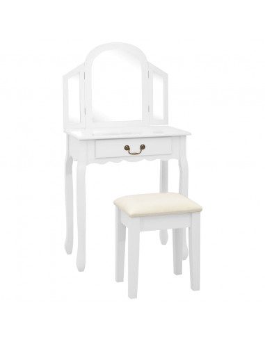 Tavolo da Trucco e Sgabello Bianco 65x36x128 cm Paulownia e MDF