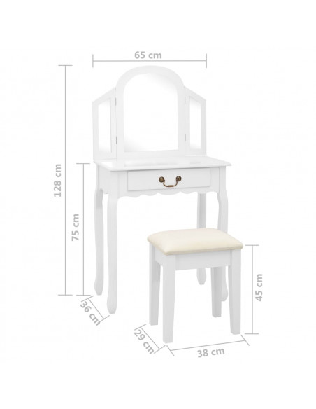 Tavolo da Trucco e Sgabello Bianco 65x36x128 cm Paulownia e MDF