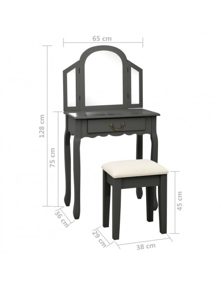 Tavolo da Trucco e Sgabello Grigio 65x36x128 cm Paulownia e MDF