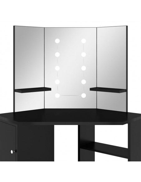Tavolino da Trucco Angolare con LED Nero 111x54x141,5 cm