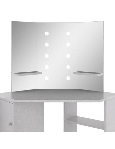 Tavolino da Trucco Angolare LED Grigio Cemento 111x54x141,5 cm