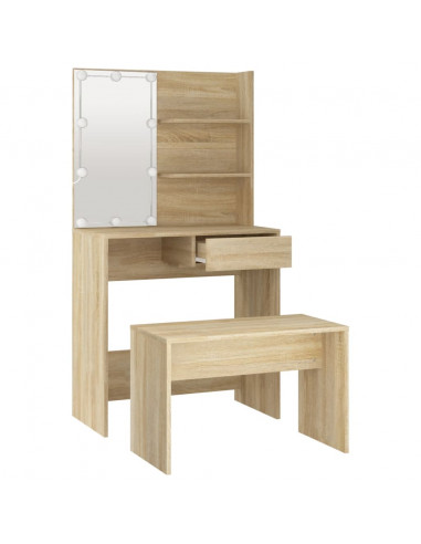 Set Tavolo da Toeletta con LED Rovere Sonoma Legno Multistrato