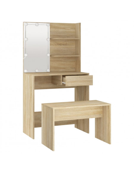 Set Tavolo da Toeletta con LED Rovere Sonoma Legno Multistrato