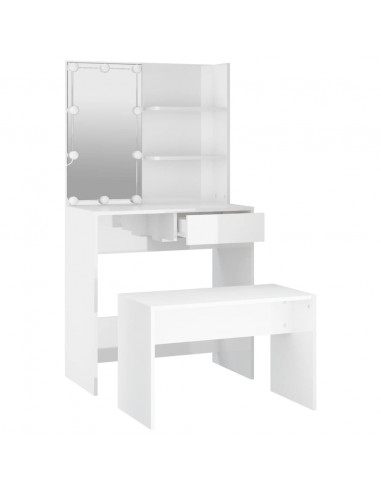 Set Tavolo da Toeletta Bianco Lucido con LED Legno Multistrato