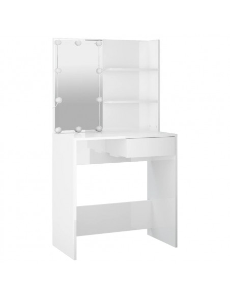 Set Tavolo da Toeletta Bianco Lucido con LED Legno Multistrato