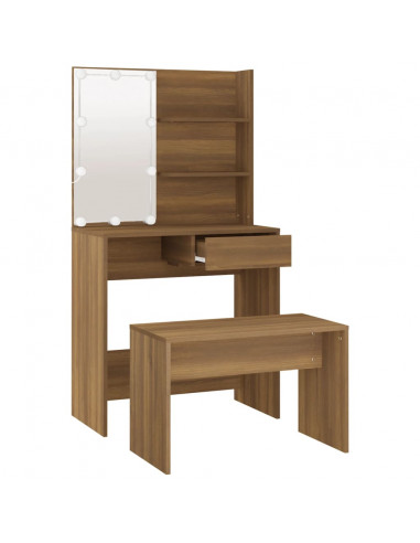 Set Tavolo da Toeletta con LED Rovere Marrone Legno Multistrato