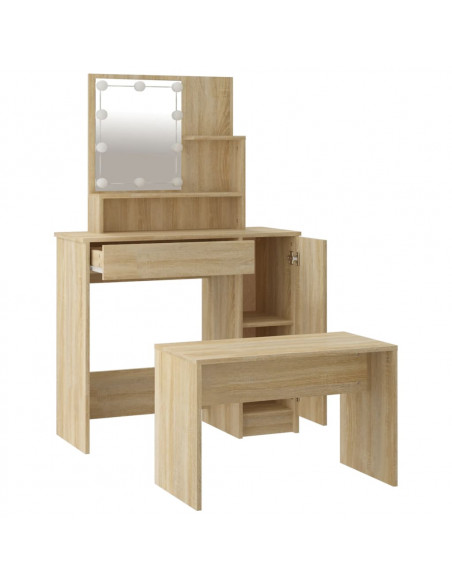 Set Tavolo da Toeletta con LED Rovere Sonoma Legno Multistrato