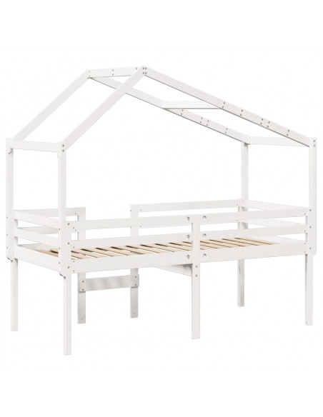 Letto a Soppalco con Tetto Bianco 90x200 cm Legno Massello Pino