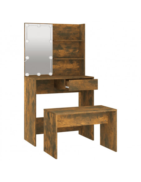 Set Tavolo da Toeletta con LED Rovere Fumo in Legno Multistrato