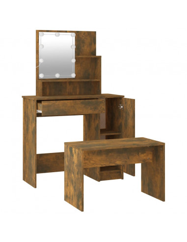 Set Tavolo da Toeletta con LED Rovere Fumo in Legno Multistrato