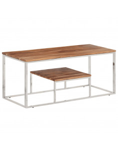 Tavolino da Salotto Argento in Acciaio Inox e Massello d'Acacia 2