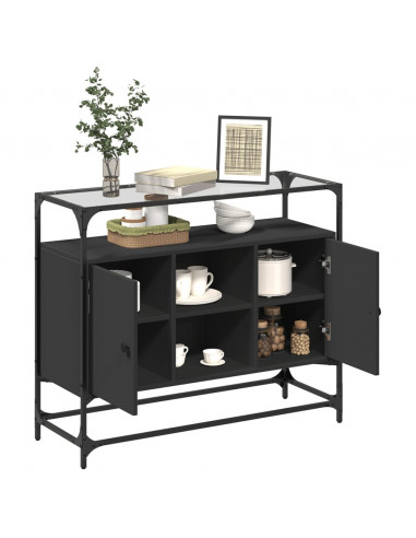 Credenza con Piano in Vetro Nero 98x35x81cm Legno Multistrato