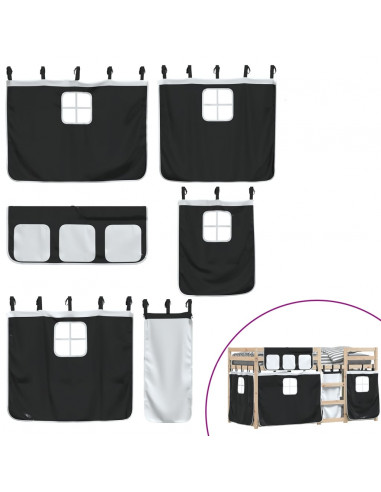 Letto a Castello con Tende Bianco e Nero 80x200cm Massello Pino