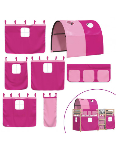 Letto a Castello con Tende Rosa 90x200 cm Legno Massello Pino